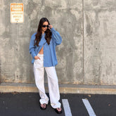 Pantalon coupe droite taille haute style streetwear, pantalon ample décontracté à jambes larges